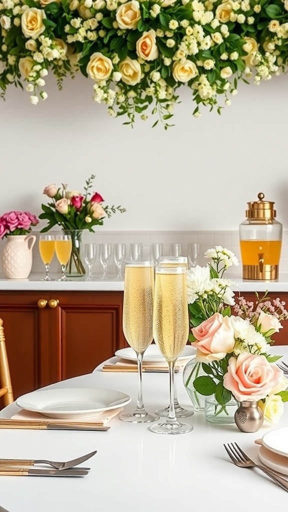 A beautifully arranged mimosa bar with floral decor, champagne flutes, and a variety of garnishes.
