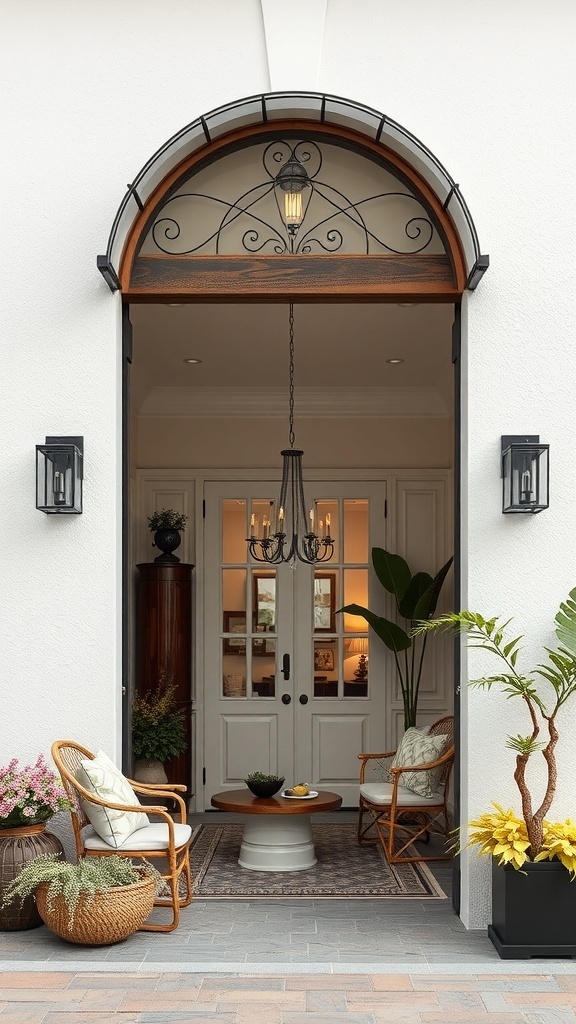 A stylish front door with an elegant canopy, featuring seating and plants on either side.