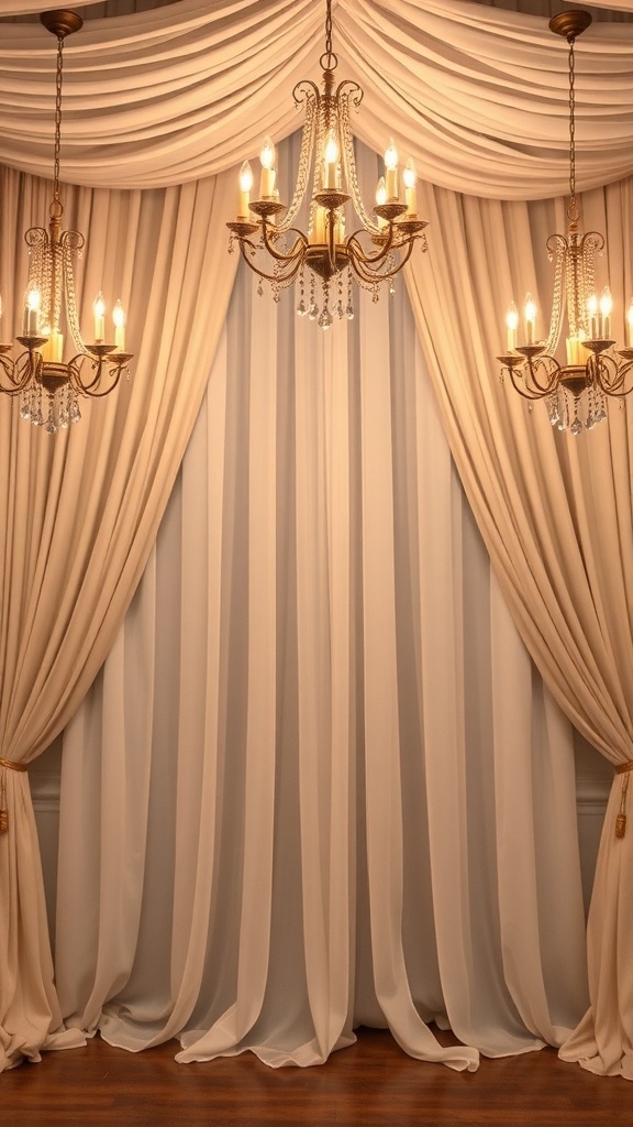 Elegant backdrop with draped curtains and chandeliers