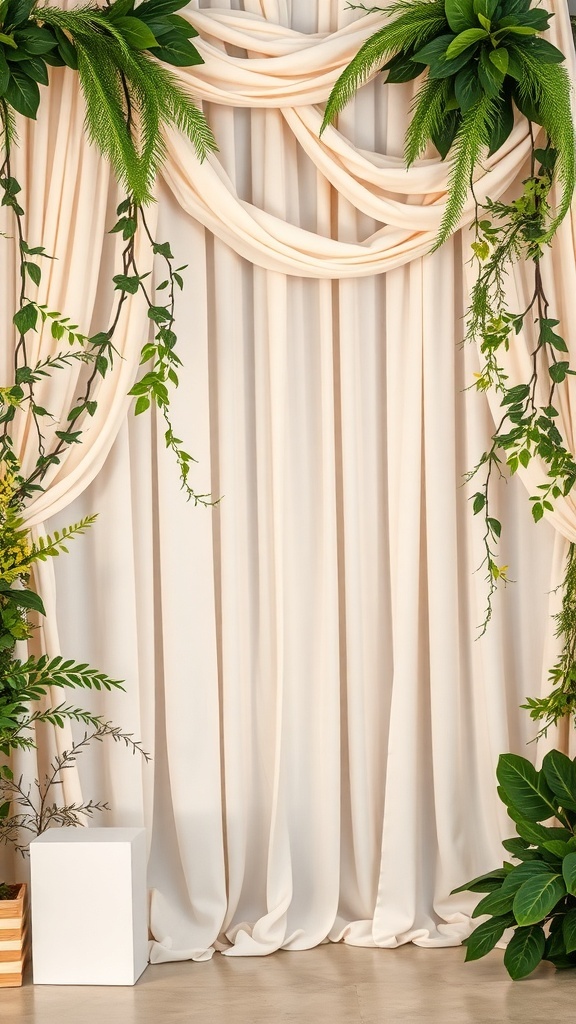 Elegant draped fabric backdrop with greenery for a bridal shower