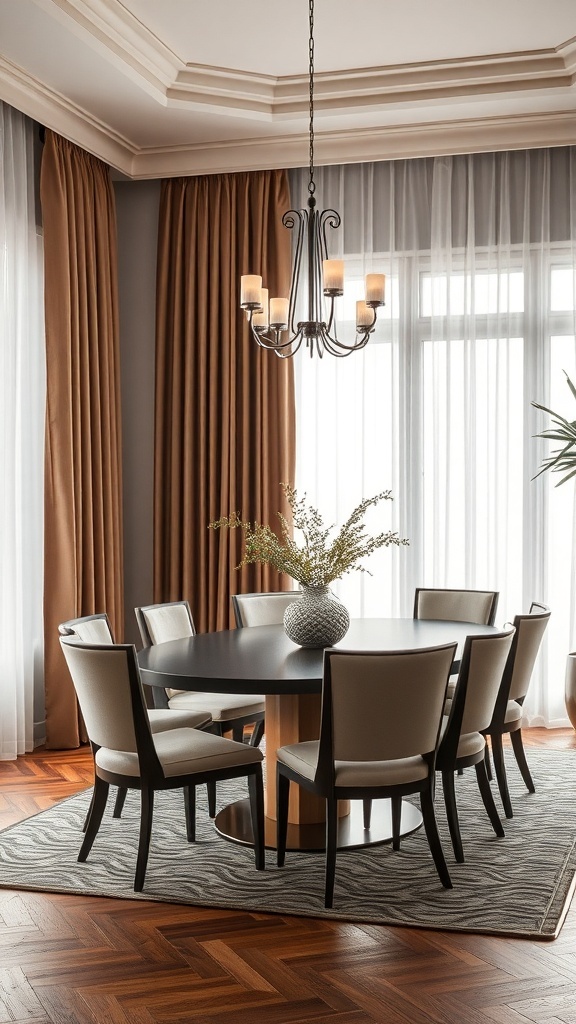 A formal dining room featuring elegant drapes, a chandelier, and a round dining table with chairs.