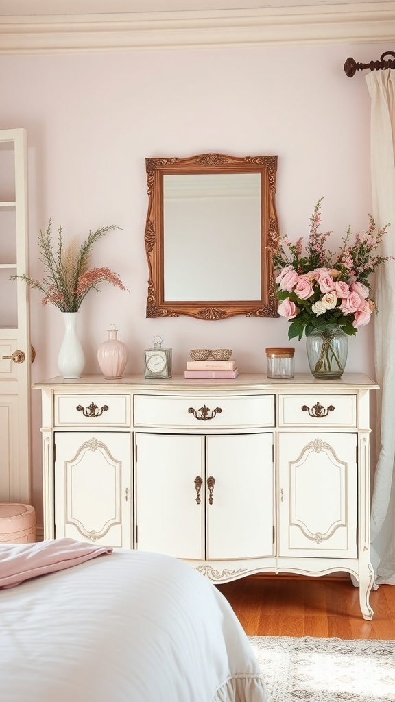 A white dresser with pink accents in a romantic bedroom, featuring a mirror and flowers.