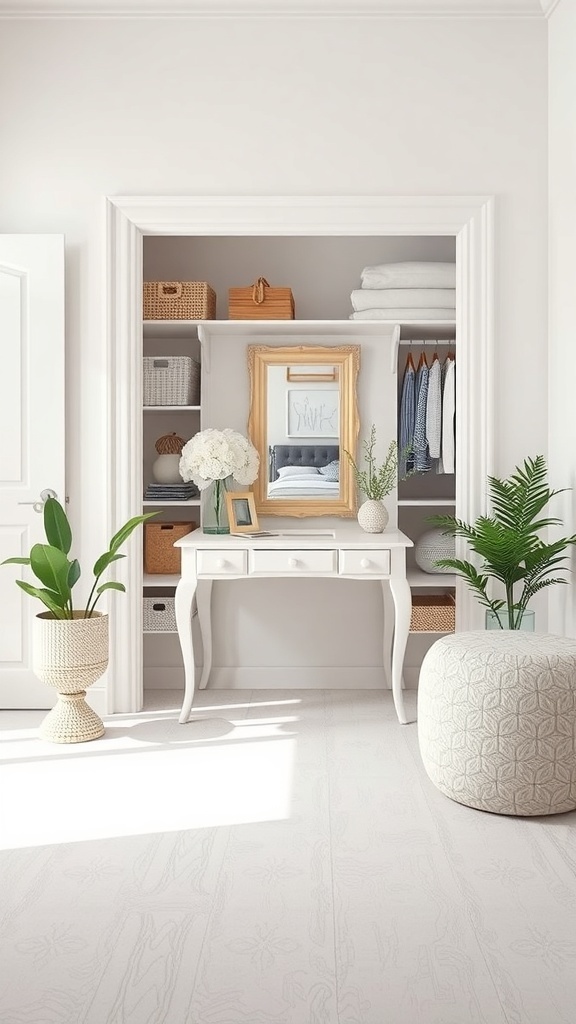A bright and elegant dressing area featuring a white vanity table, a round pouf, and potted plants.