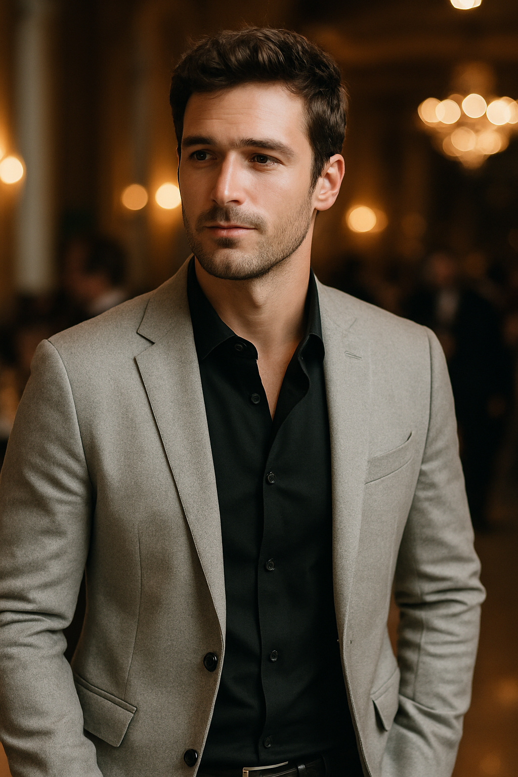 A man in a light grey blazer and black shirt, showcasing elegant evening attire.