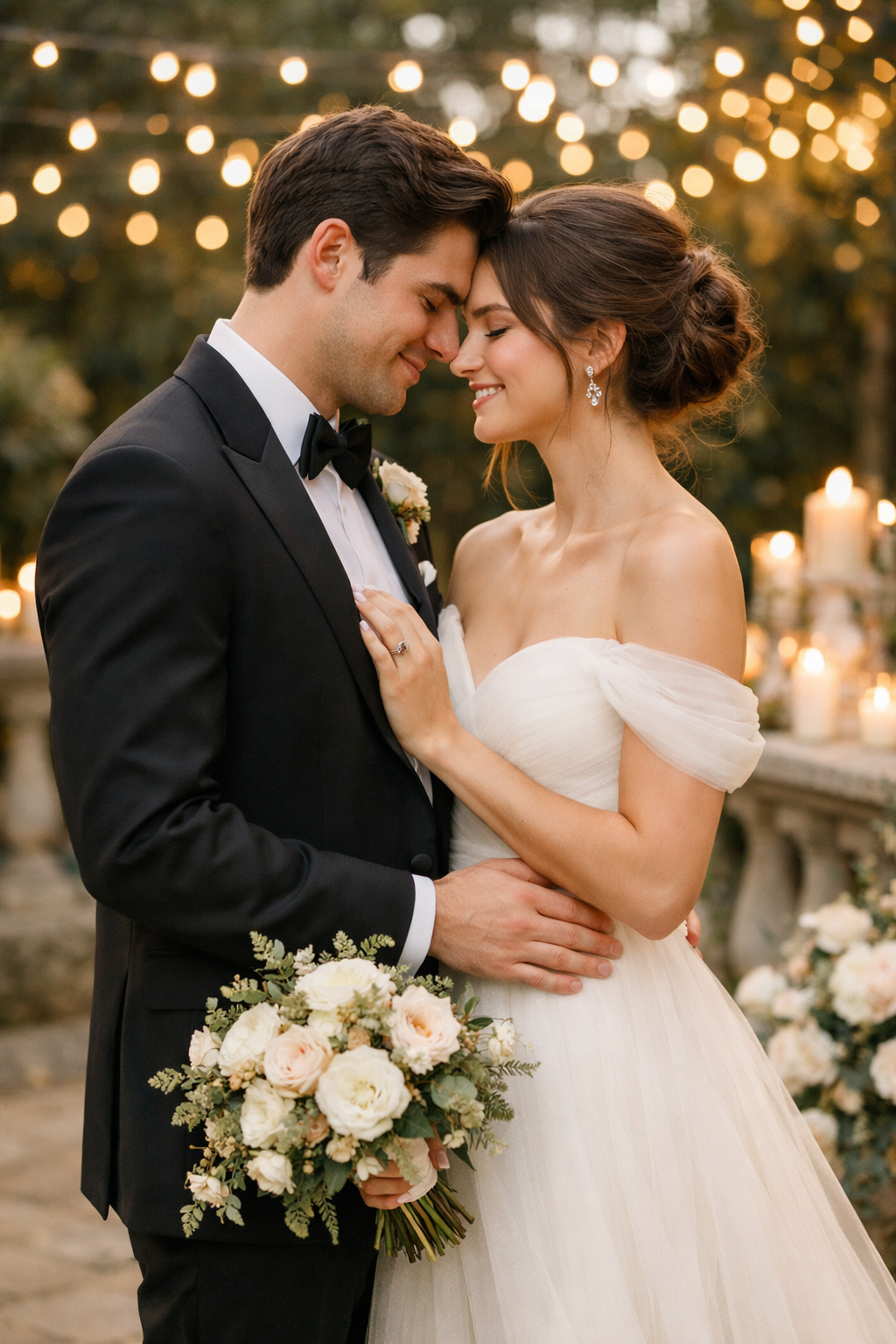 Couple in elegant evening attire, bride in an off-the-shoulder gown holding a bouquet, groom in a tuxedo, with twinkling lights and candles in the background.