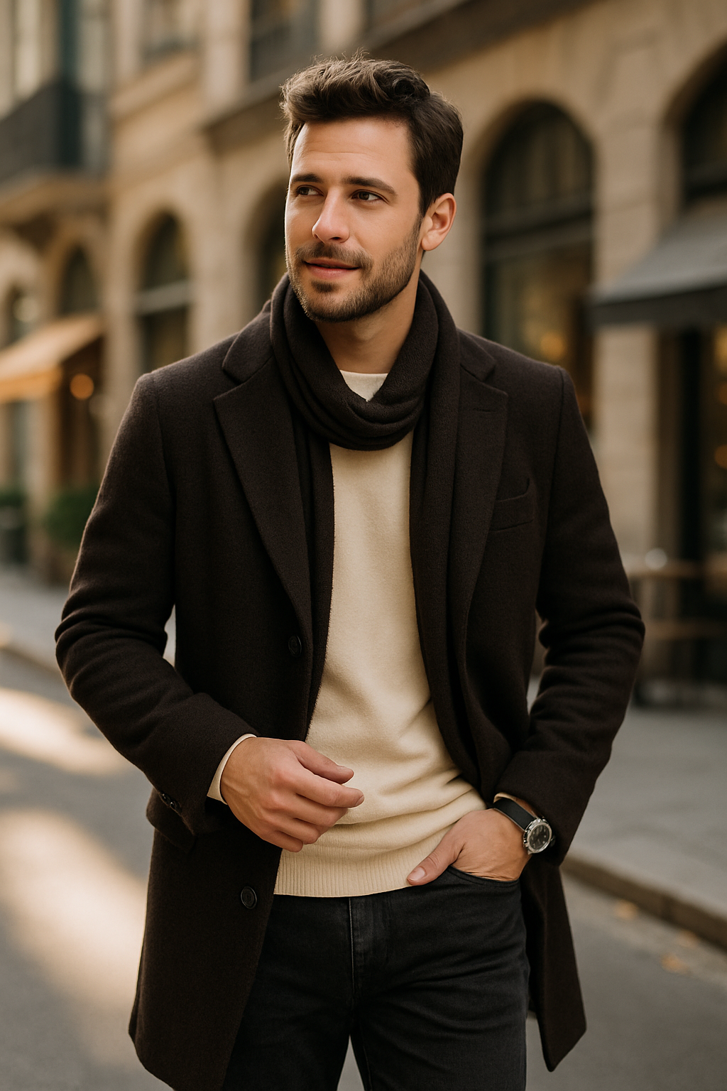 A man dressed in a stylish outfit featuring black linen pants, a beige sweater, and a dark coat, walking outside.