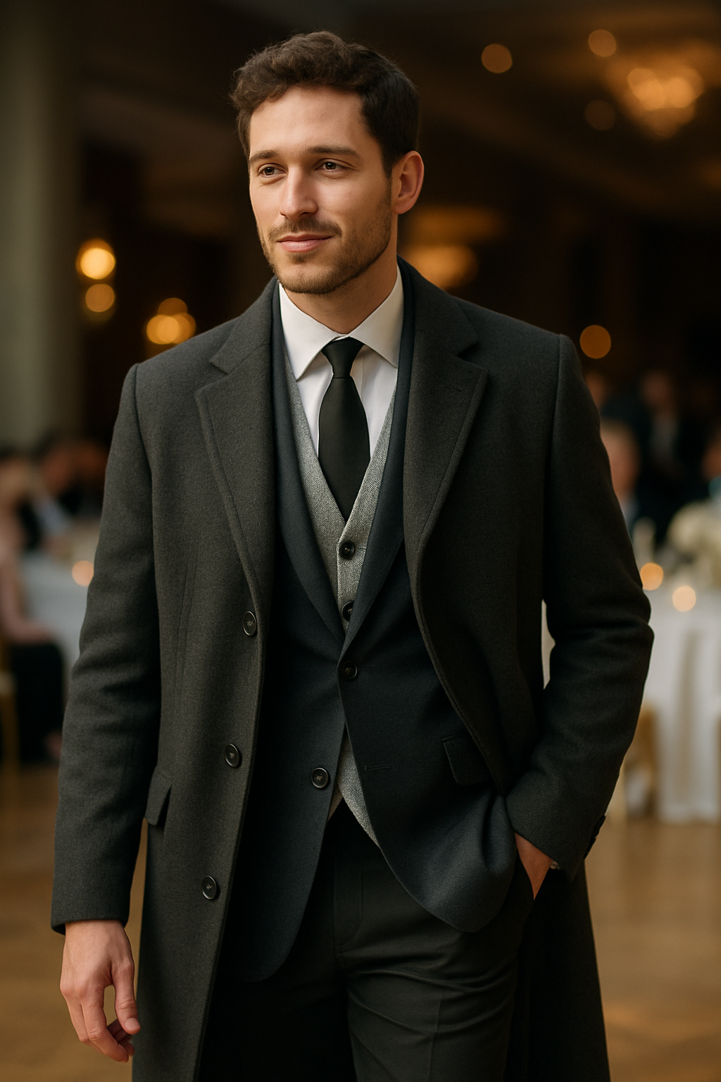 A man wearing a long dinner coat, vest, and tie, exuding elegance at an evening event.