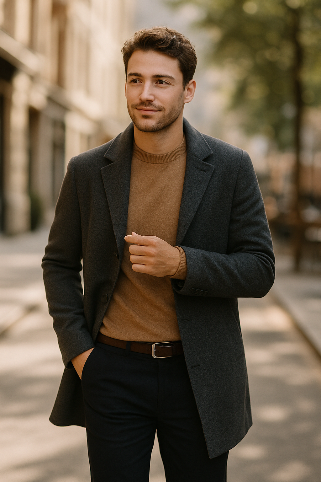 A man wearing grey trousers, a brown sweater, and a tailored coat, walking in an urban setting.