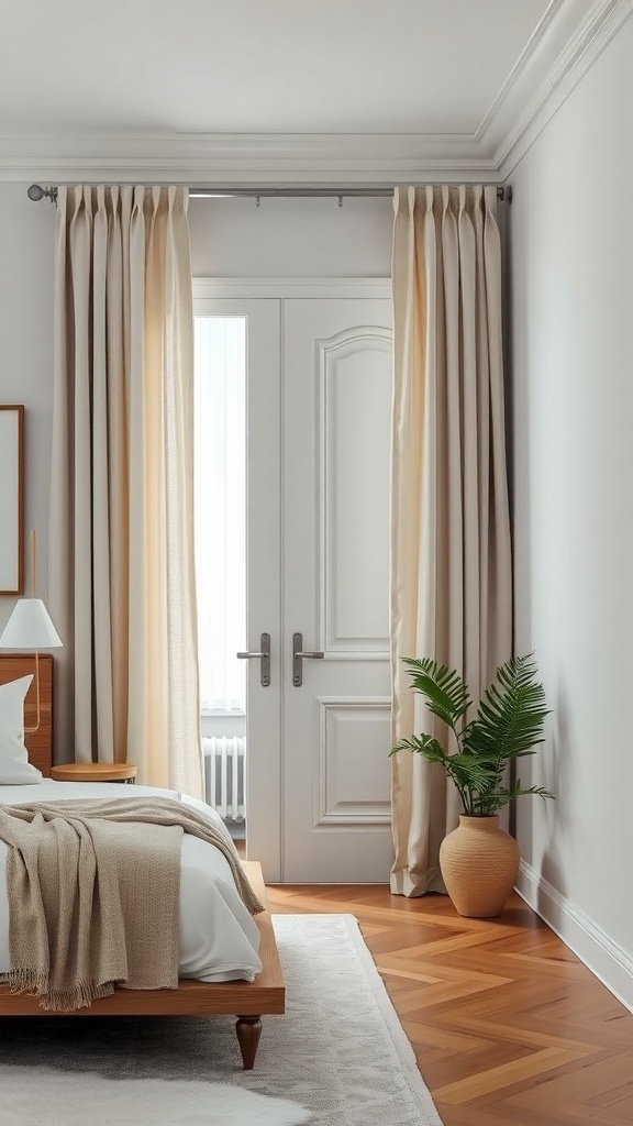 A bedroom with light beige fabric curtains framing a white door, a wooden bed with a blanket, and a potted plant.