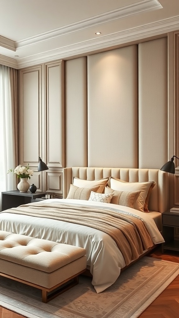A cozy bedroom featuring elegant fabric panels on the wall, a plush bed with layered bedding, and soft lighting.