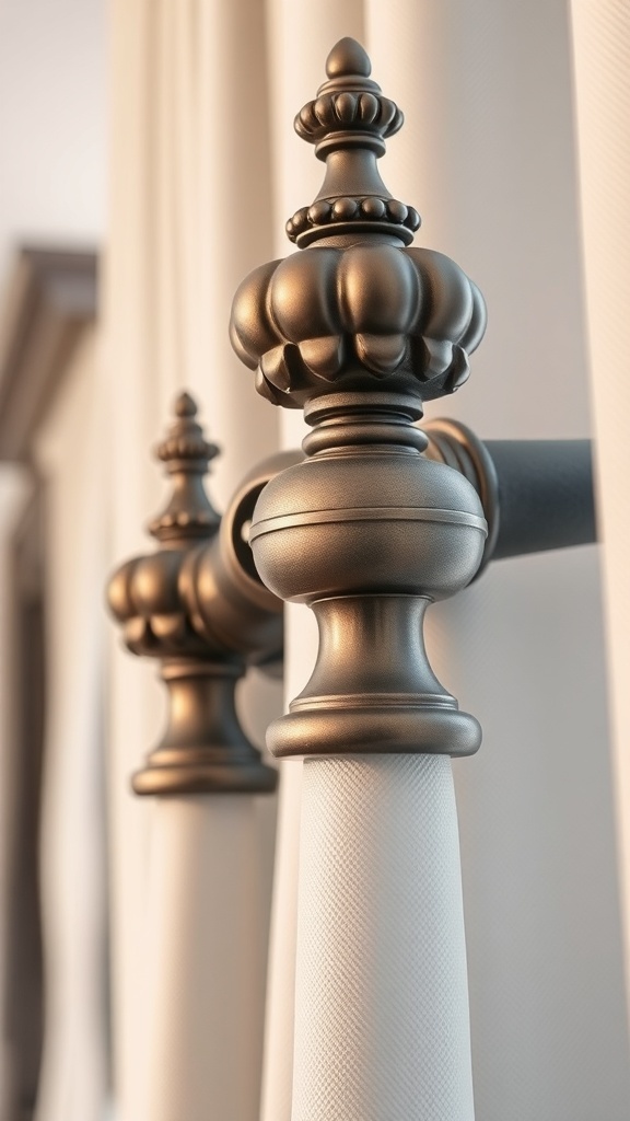 Close-up of ornate curtain rod finials in a bronze finish