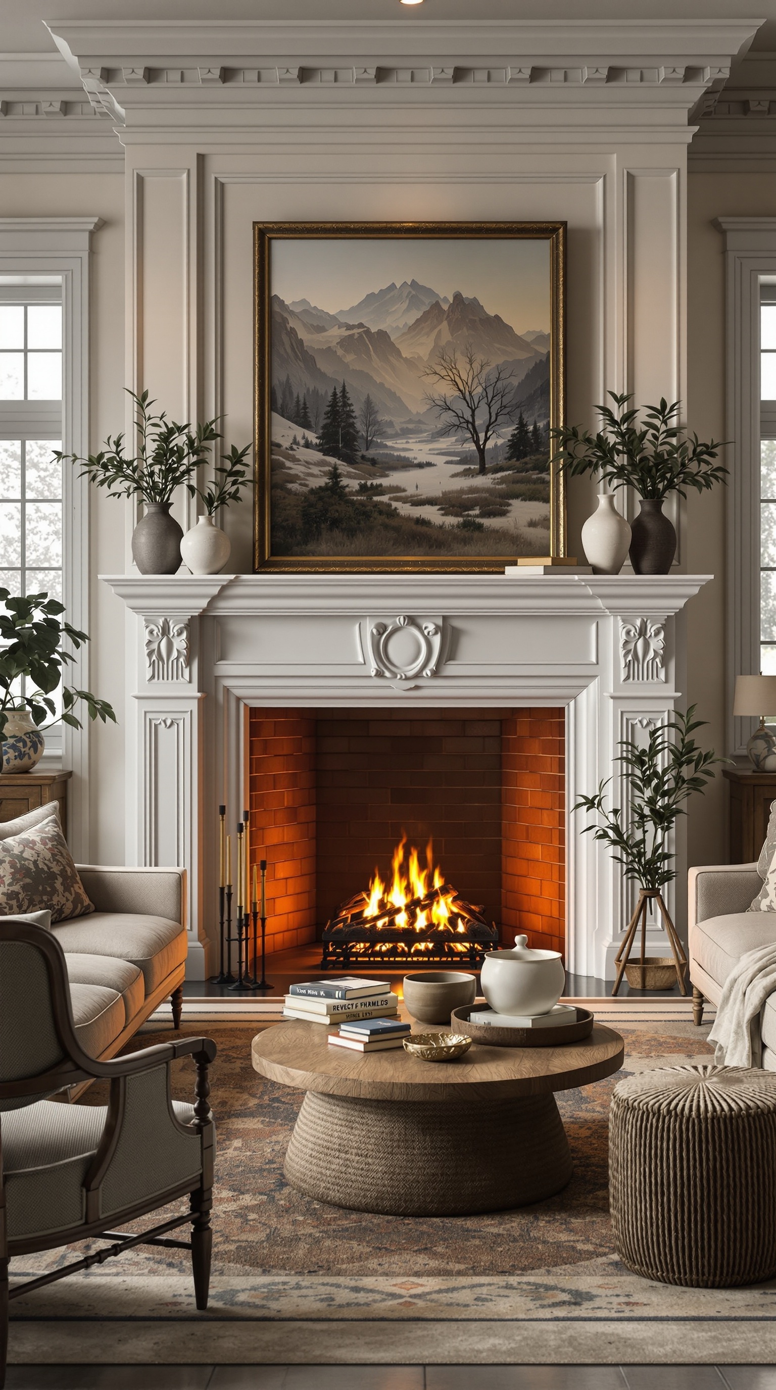 A cozy French country family room featuring an elegant fireplace with a painting above it, surrounded by comfortable furniture and decorative plants.