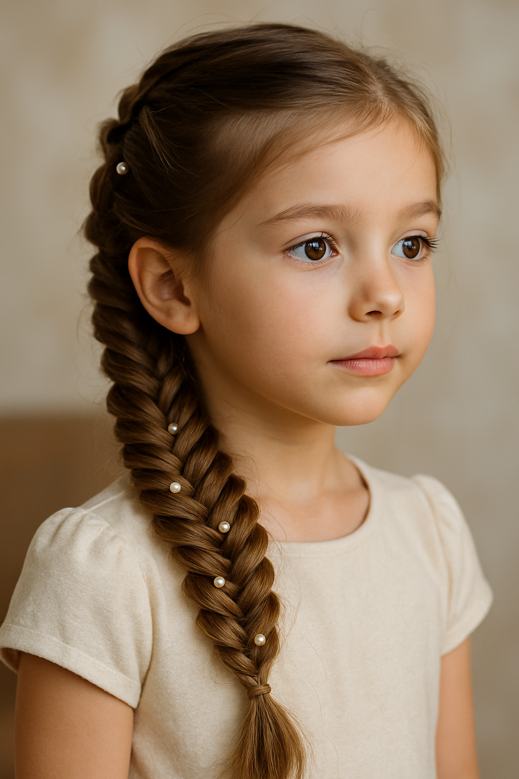 A young girl with a fishtail braid decorated with pearls, looking elegant.
