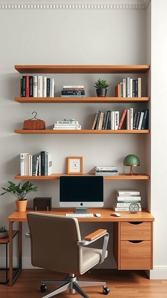 A modern home office with floating wooden shelves displaying books and plants, featuring a desk with an iMac and a comfortable chair.