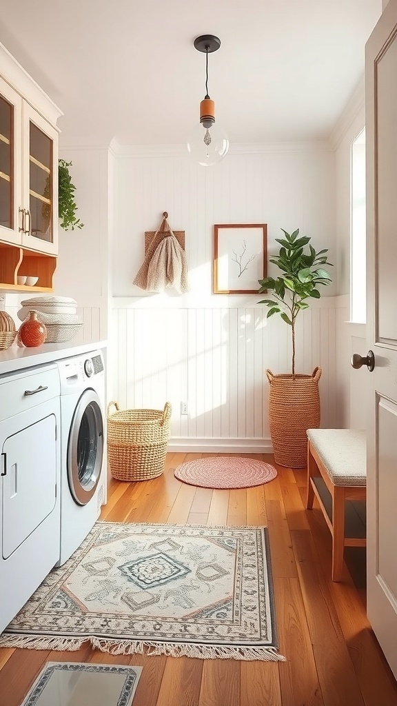A stylish laundry room featuring wooden flooring, a decorative area rug, and modern appliances.