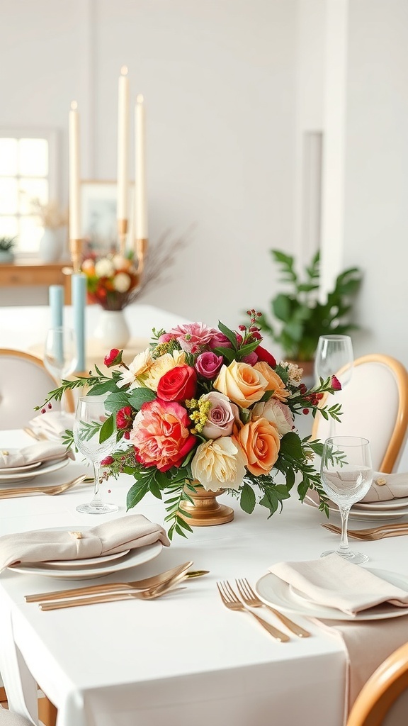 A beautifully arranged floral centerpiece on a dining table with elegant tableware.