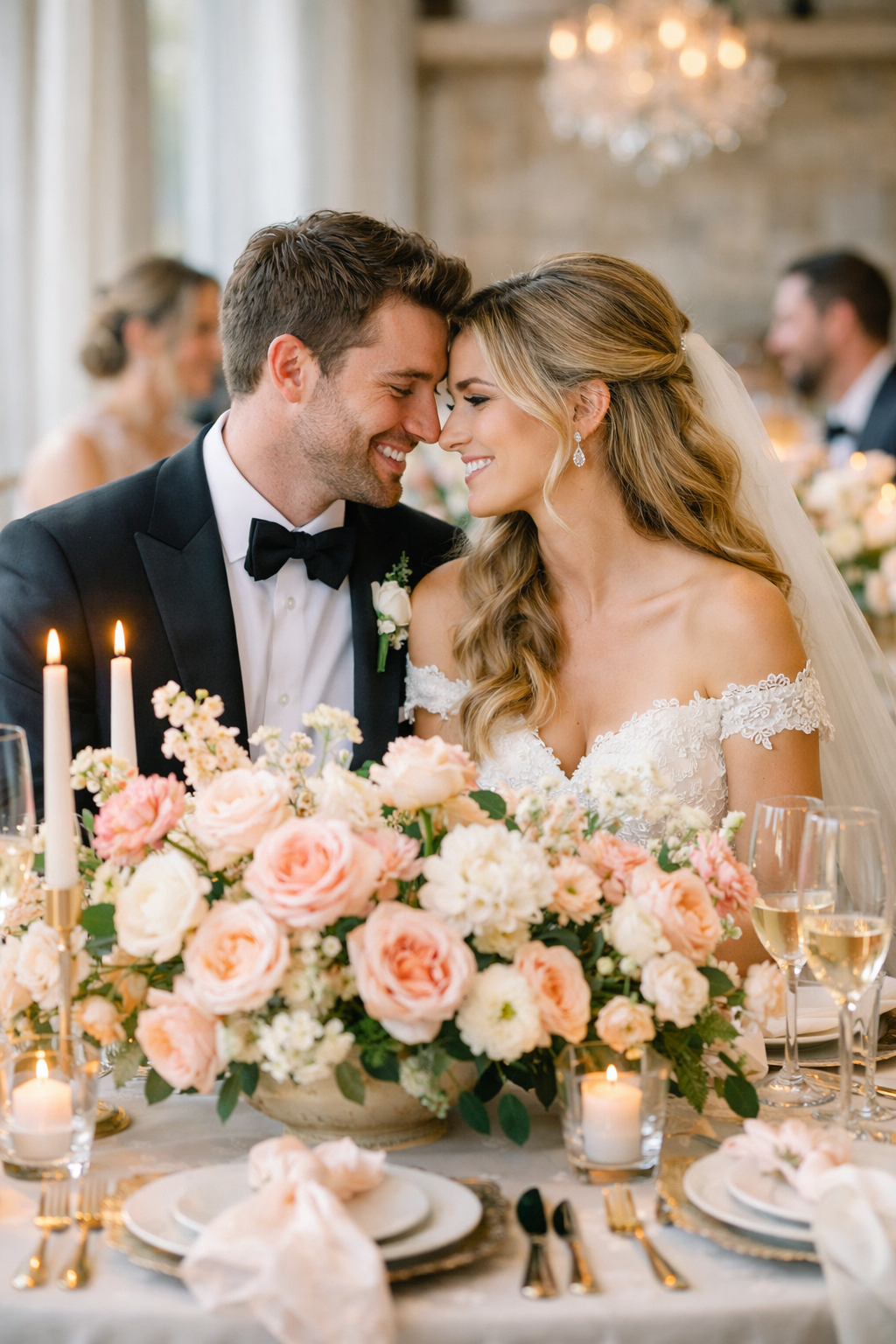 A beautifully decorated wedding reception table featuring elegant floral arrangements with pink roses, candles, and fine tableware.