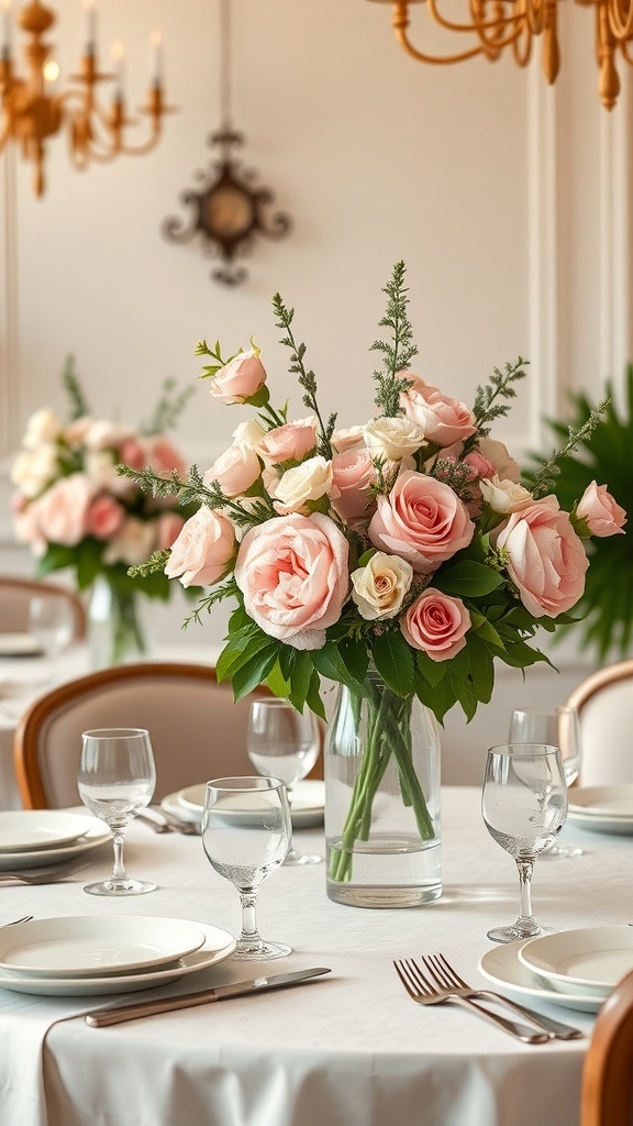 Elegant floral centerpieces featuring pink roses in a clear vase on a beautifully set table