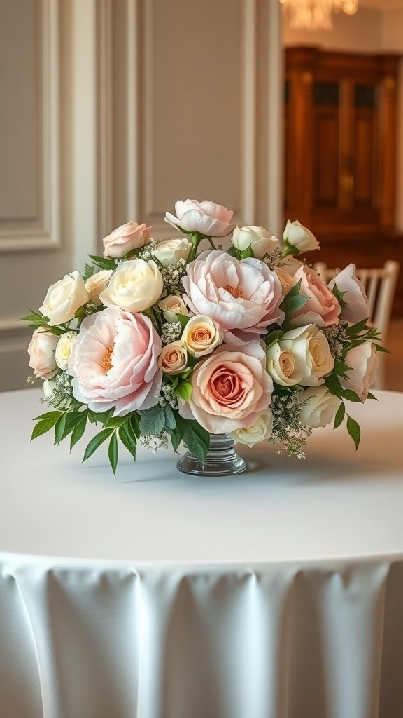 Elegant floral centerpiece with pink and white roses arranged in a decorative vase on a table.