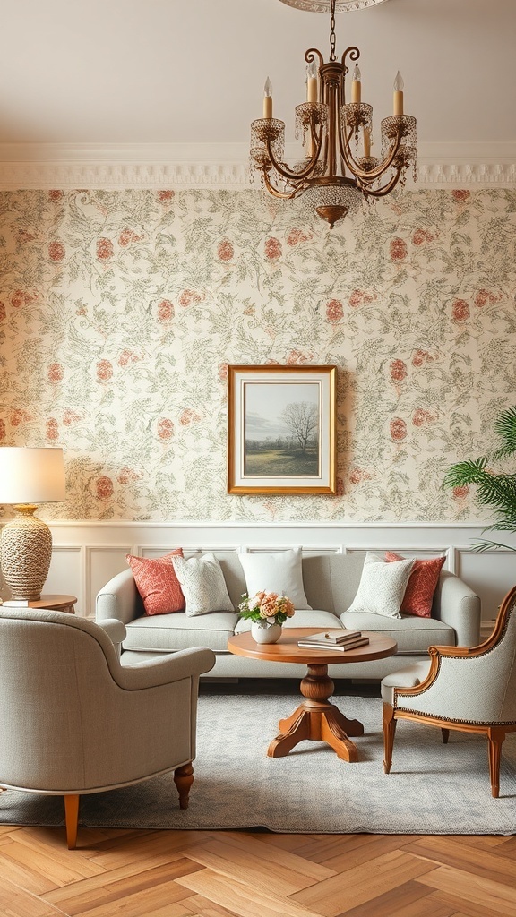 Living room with floral wallpaper, elegant furniture, and warm lighting