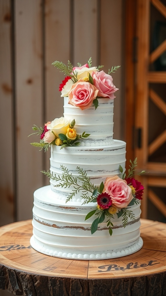A beautiful, tiered bridal shower cake decorated with pink and cream roses.