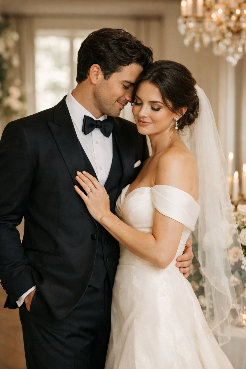 Couple in formal wear embracing tenderly in engagement photos.