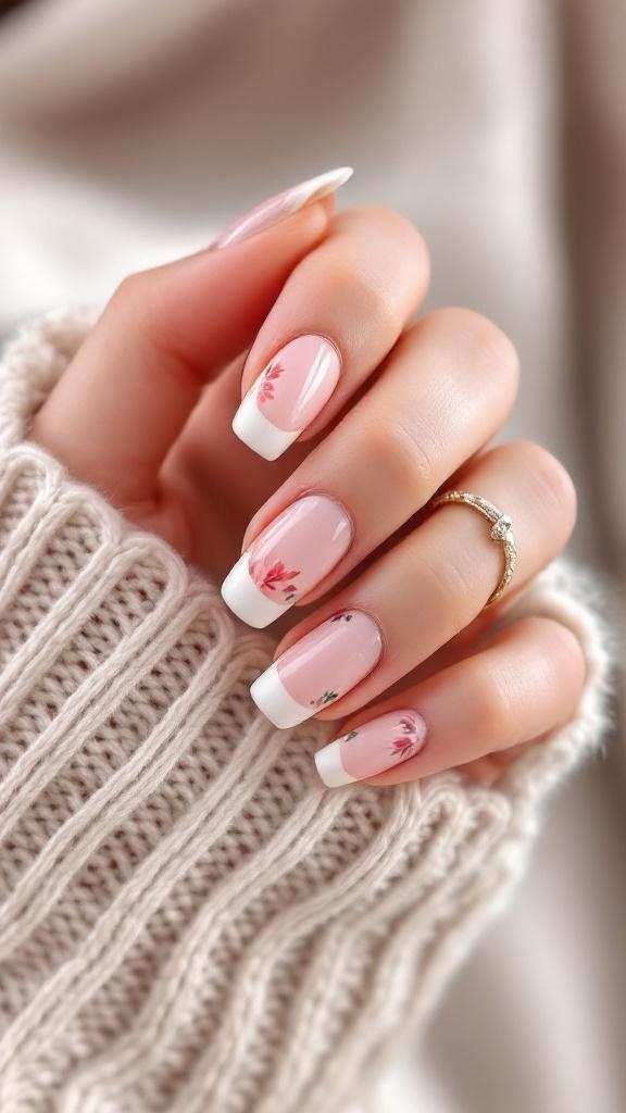 A hand with elegant French tip nails featuring floral designs on a soft pink base.