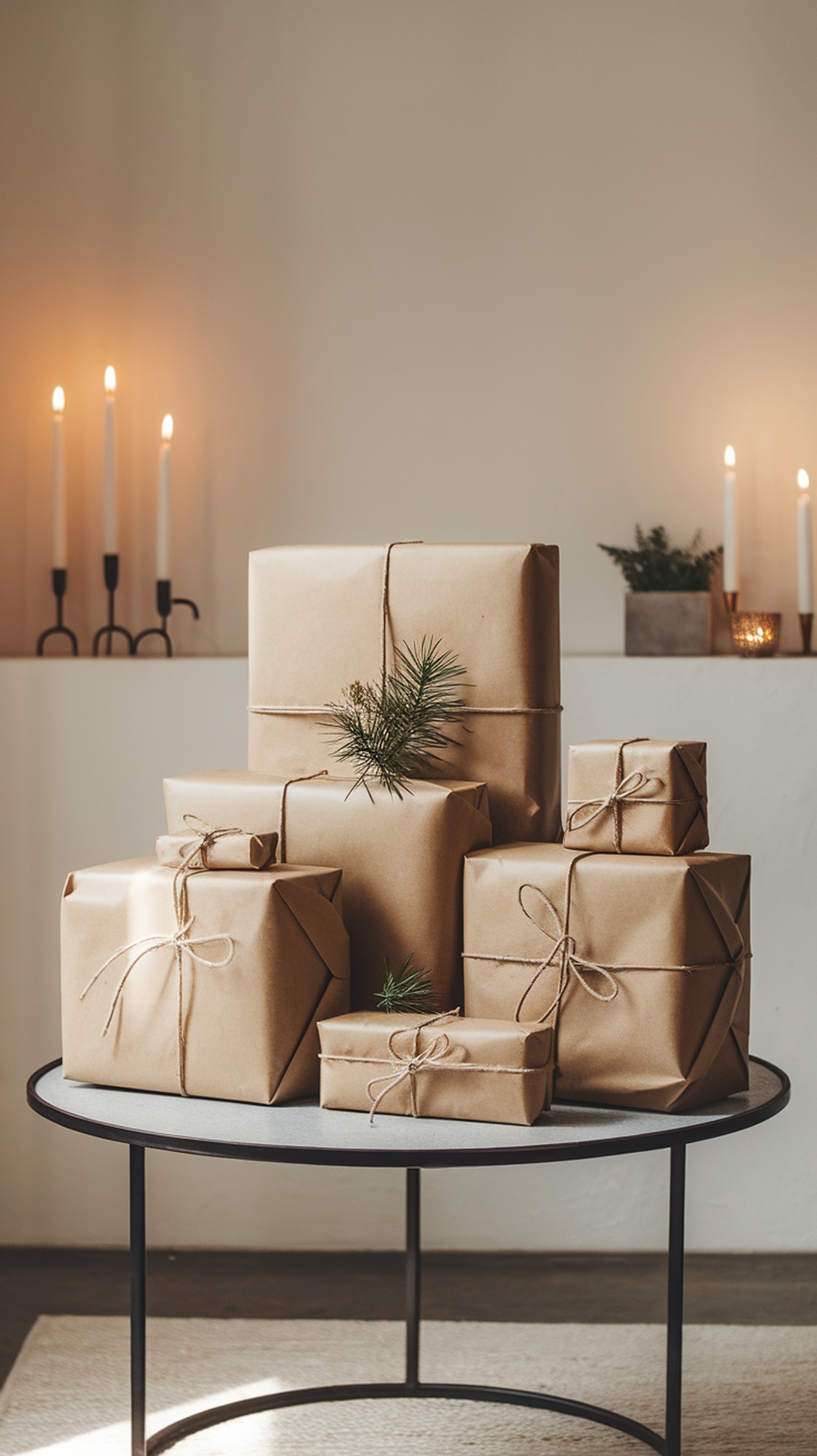 A collection of elegantly wrapped gifts in brown paper with twine and a small pine sprig, displayed on a table with candles in the background.