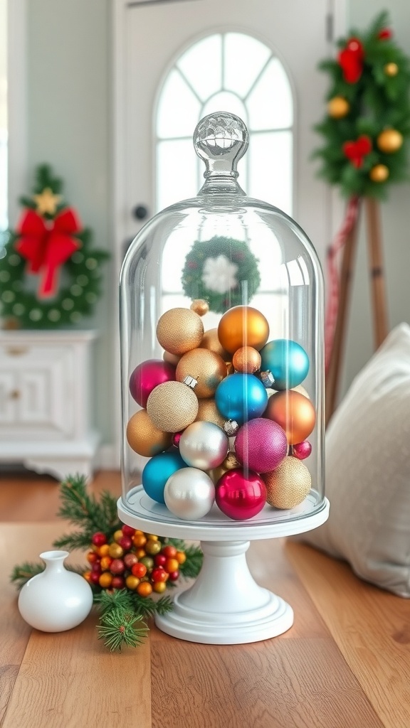 A glass cloche filled with colorful ornaments on a wooden table, with holiday decor in the background.