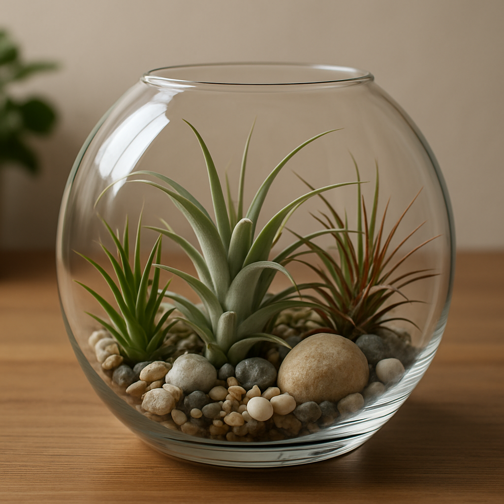 A round glass terrarium with various plants and pebbles inside, set on a wooden surface.