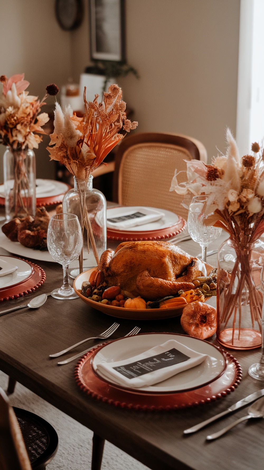 A rustic Thanksgiving table setting featuring glass vases with dried flowers, a roasted turkey, and seasonal vegetables.