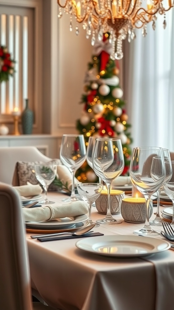 A beautifully set dining table for Christmas featuring elegant glassware, candles, and a decorated tree in the background.