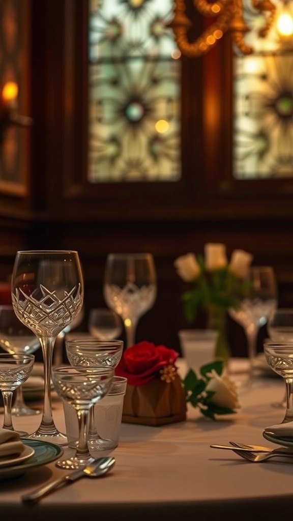 An elegantly set table with crystal glassware, a red rose centerpiece, and soft lighting.