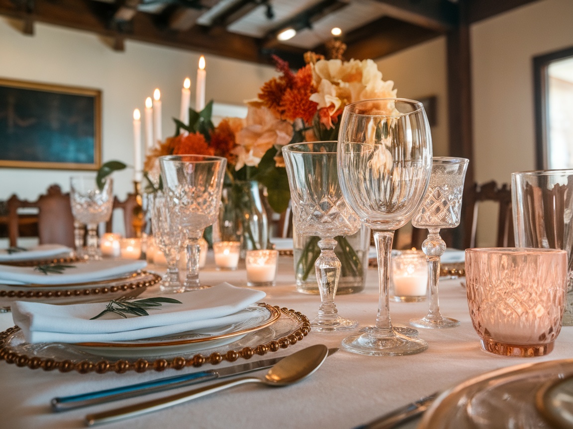 Elegant Thanksgiving table setting with crystal glassware, soft gray napkins, and decorative pumpkins.