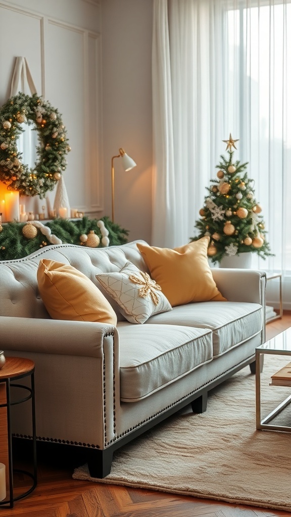 Cozy living room decorated for Christmas with gold and silver accents, featuring a light couch with decorative pillows, a Christmas tree, and a wreath.