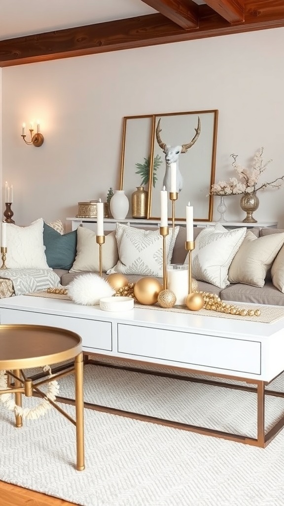 Coffee table decorated with gold and white accents, featuring ornaments, candles, and soft textures.