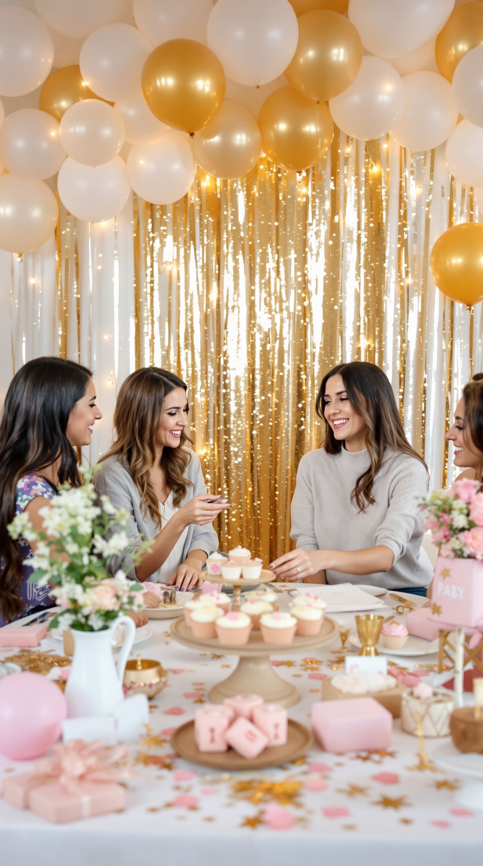 A beautiful baby shower setup featuring a gold and white sequin wall backdrop, balloons, and a decorated table with cupcakes and flowers.