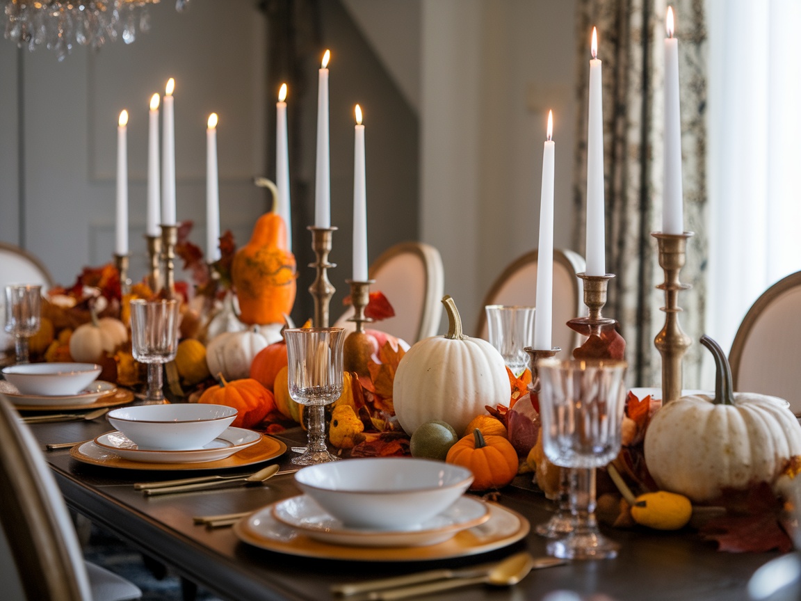 Thanksgiving table set with gold and white theme, featuring candles, flowers, and decorative pumpkins.