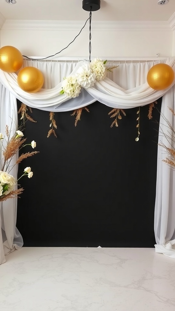 A bridal shower photo backdrop featuring gold balloons, white drapes, and floral accents against a black background.
