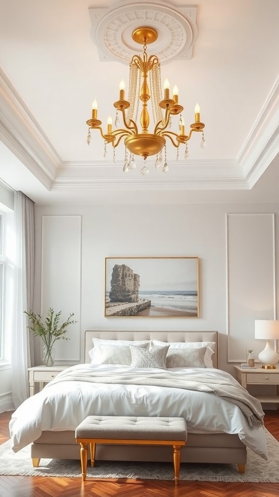 A stylish bedroom featuring a gold chandelier and elegant decor.