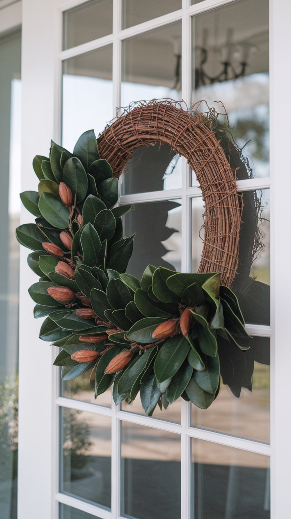 A grapevine and magnolia wreath hanging on a door, featuring glossy green leaves and seed pods.