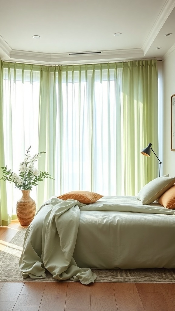 Light green curtains in a bright bedroom with a cozy bed and a vase of flowers.