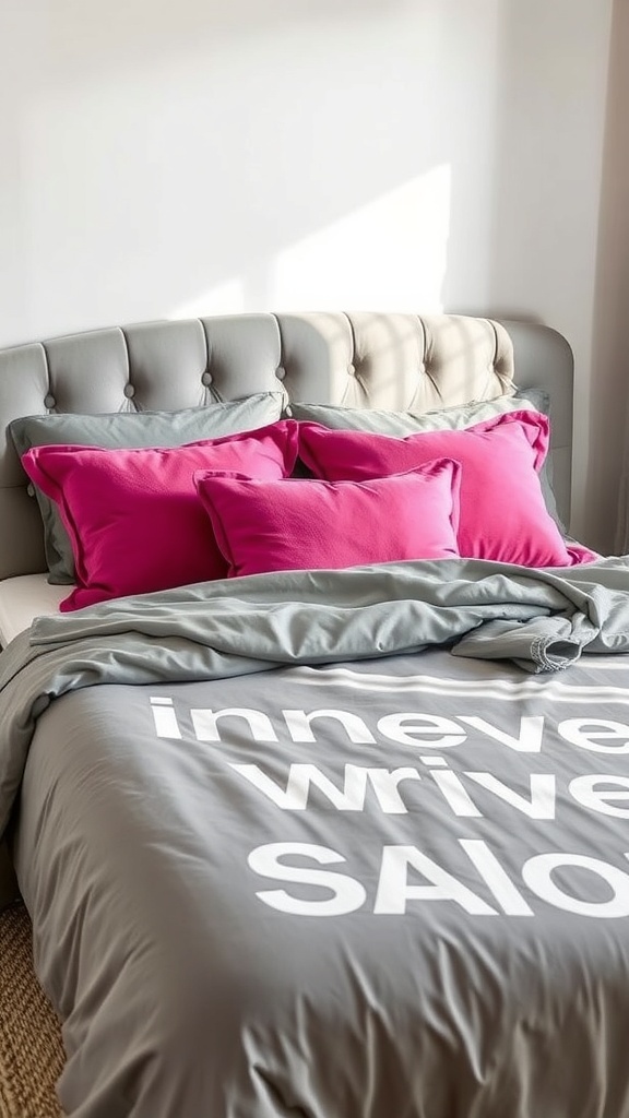 A stylish bed with grey bedding and pink throw pillows.