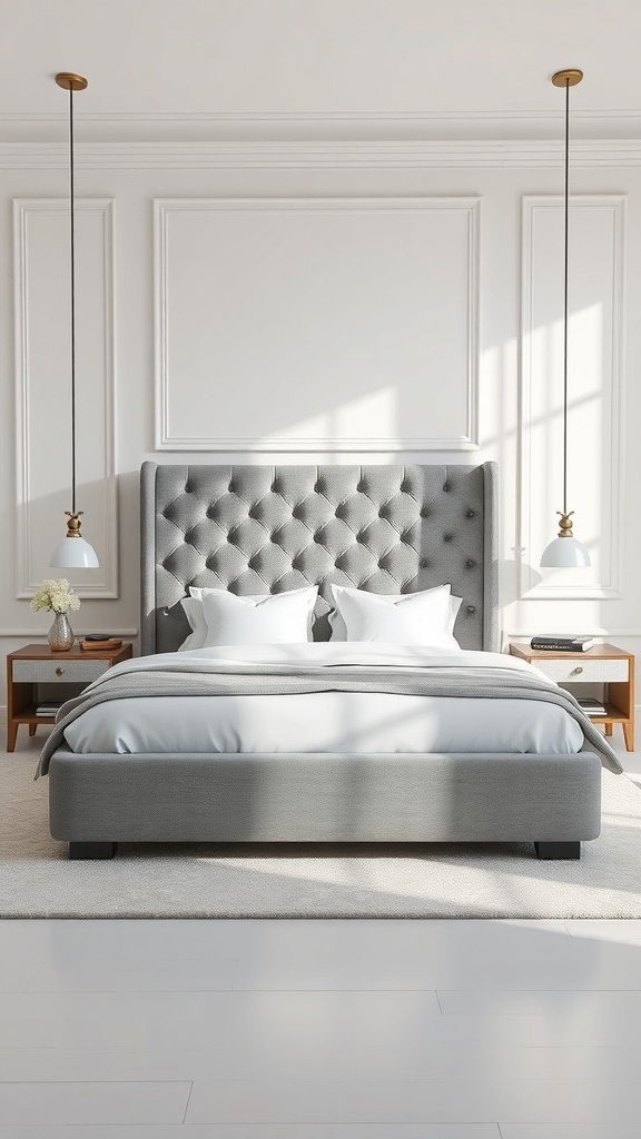 A stylish grey upholstered bed with tufted headboard, white linens, and pendant lights in a bright bedroom.