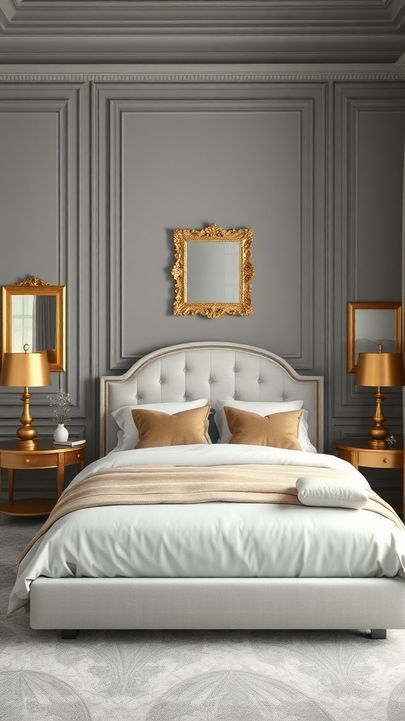 A stylish grey bedroom featuring gold accents, a plush bed, and ornate mirrors.