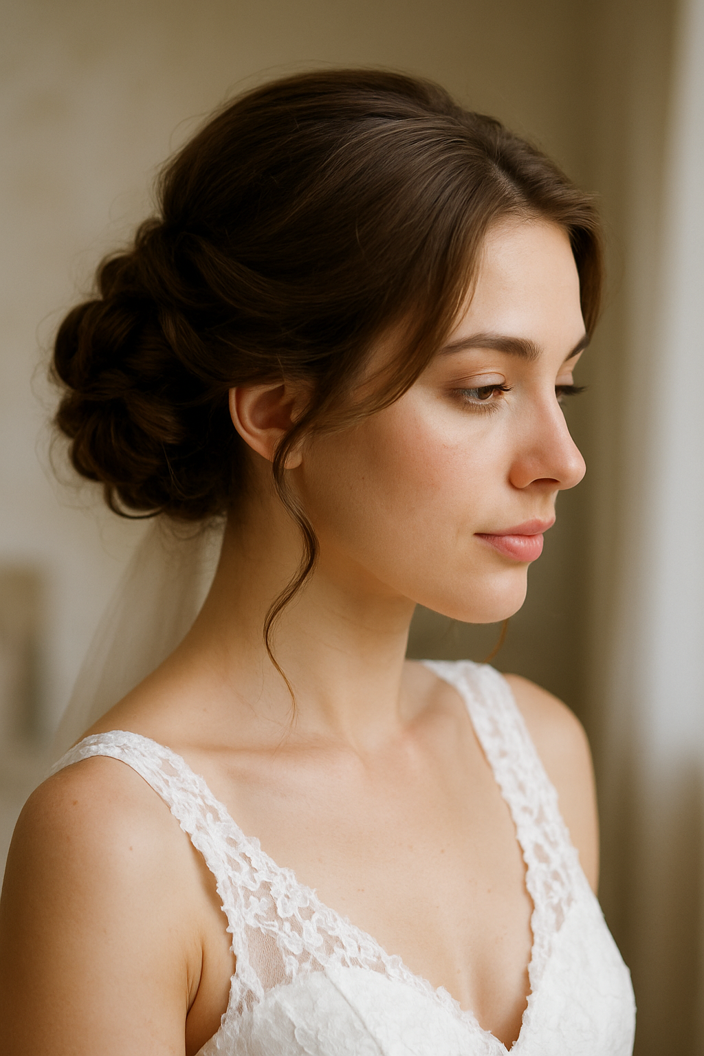 Bride with elegant updo hairstyle, showcasing hair accessories