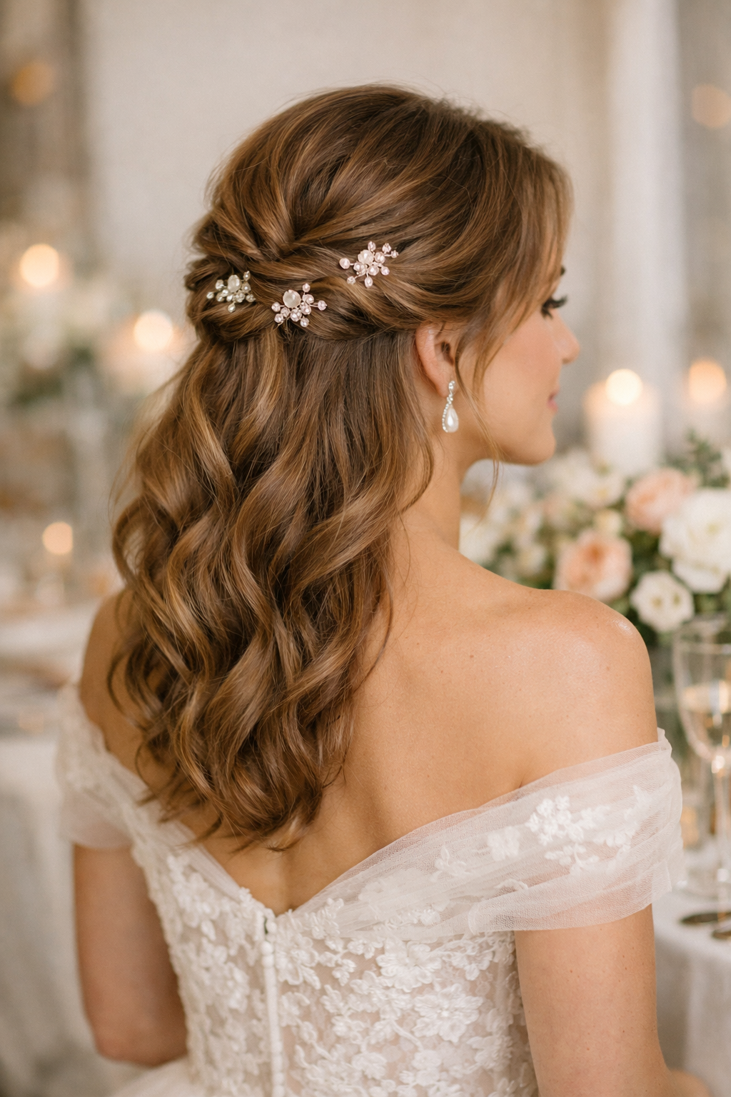 A half-up twist hairstyle featuring soft waves and decorative hair accessories, worn by a woman in an elegant bridal-style dress.