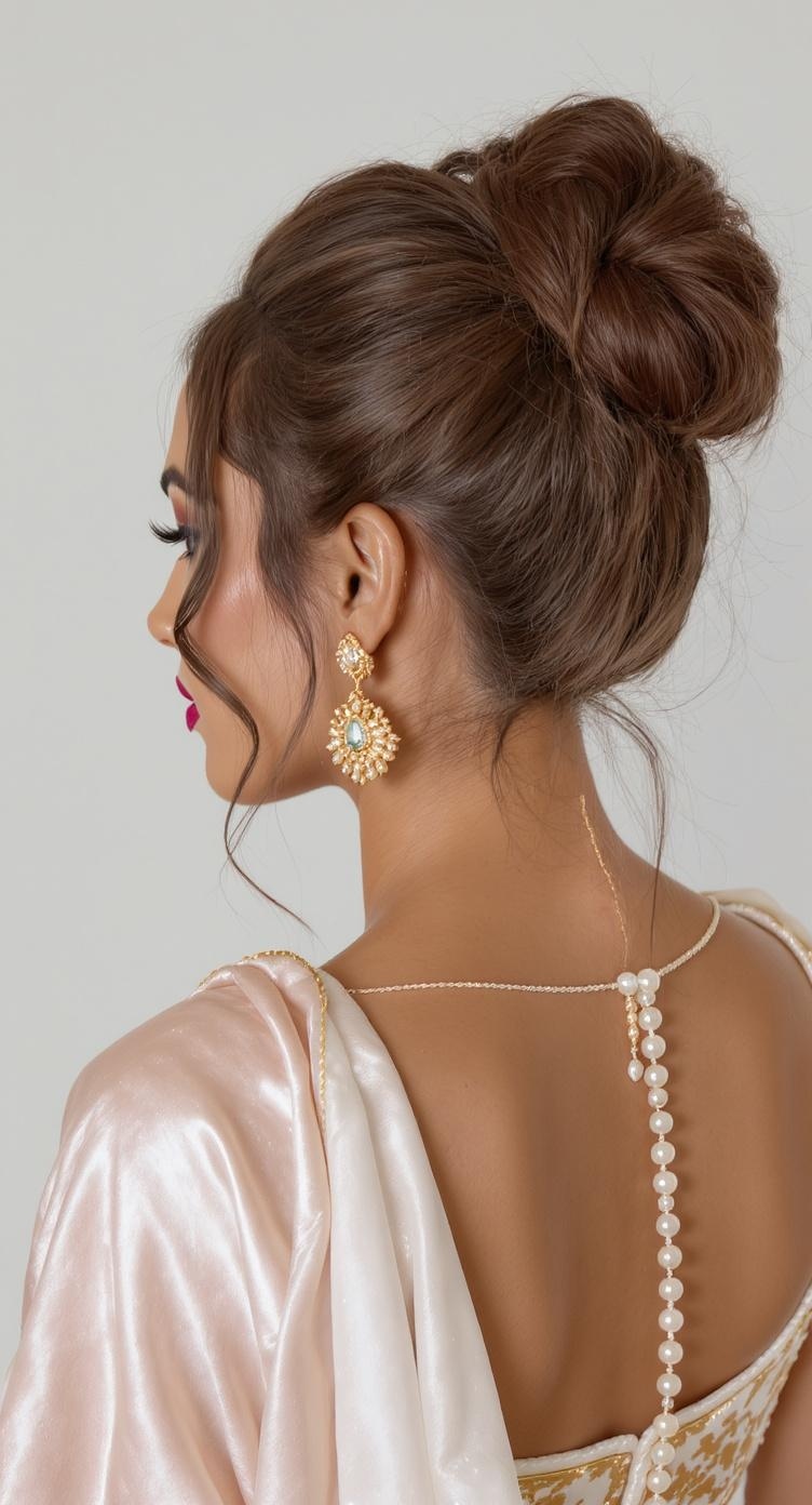 Bride with a high bun hairstyle adorned with gold jewelry, showcasing elegance and style.