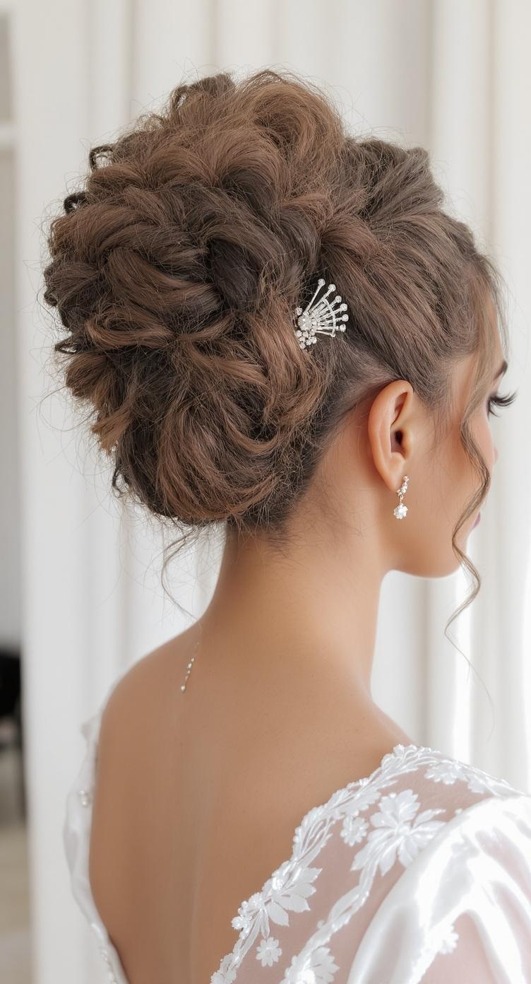 A woman with a high curly bun hairstyle, adorned with a decorative hairpin, showcasing elegance for a wedding.