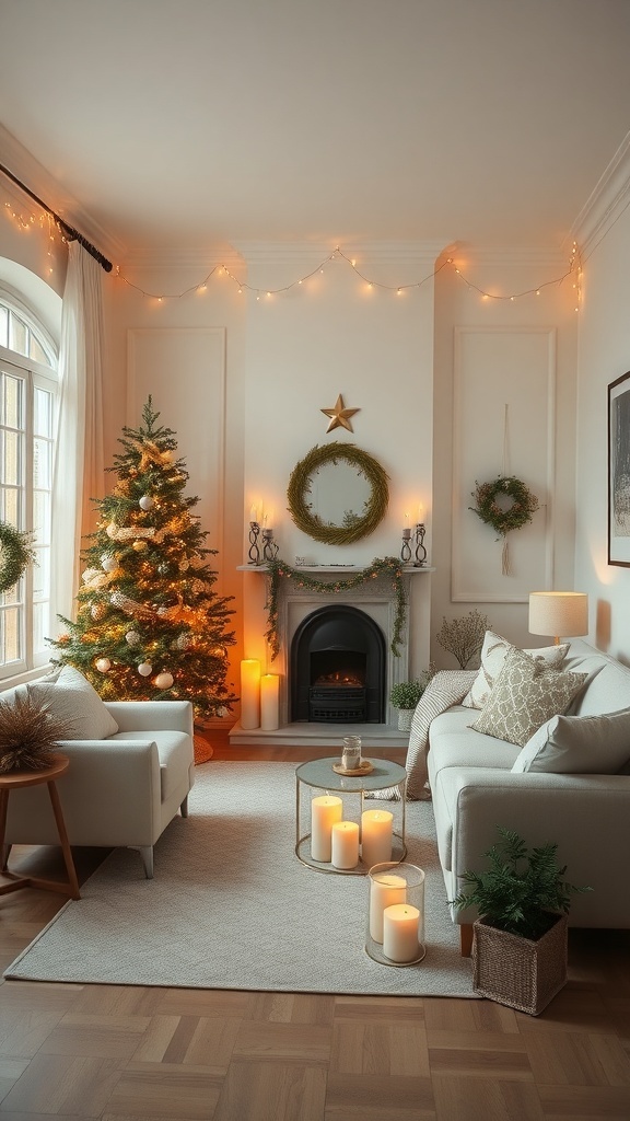 Cozy living room decorated for Christmas with a tree, candles, and warm lighting.